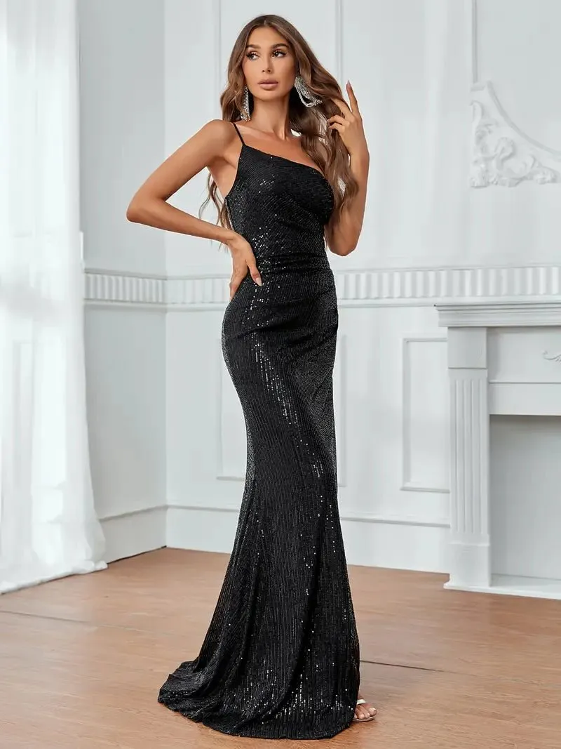 Lissa one shoulder sequin ball dress with split in black Express NZ wide