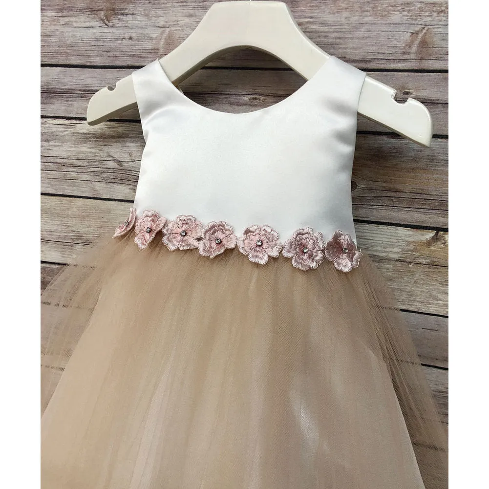 Little Girls Champagne Satin Tulle Tea Length Flower Girl Dress 2-6