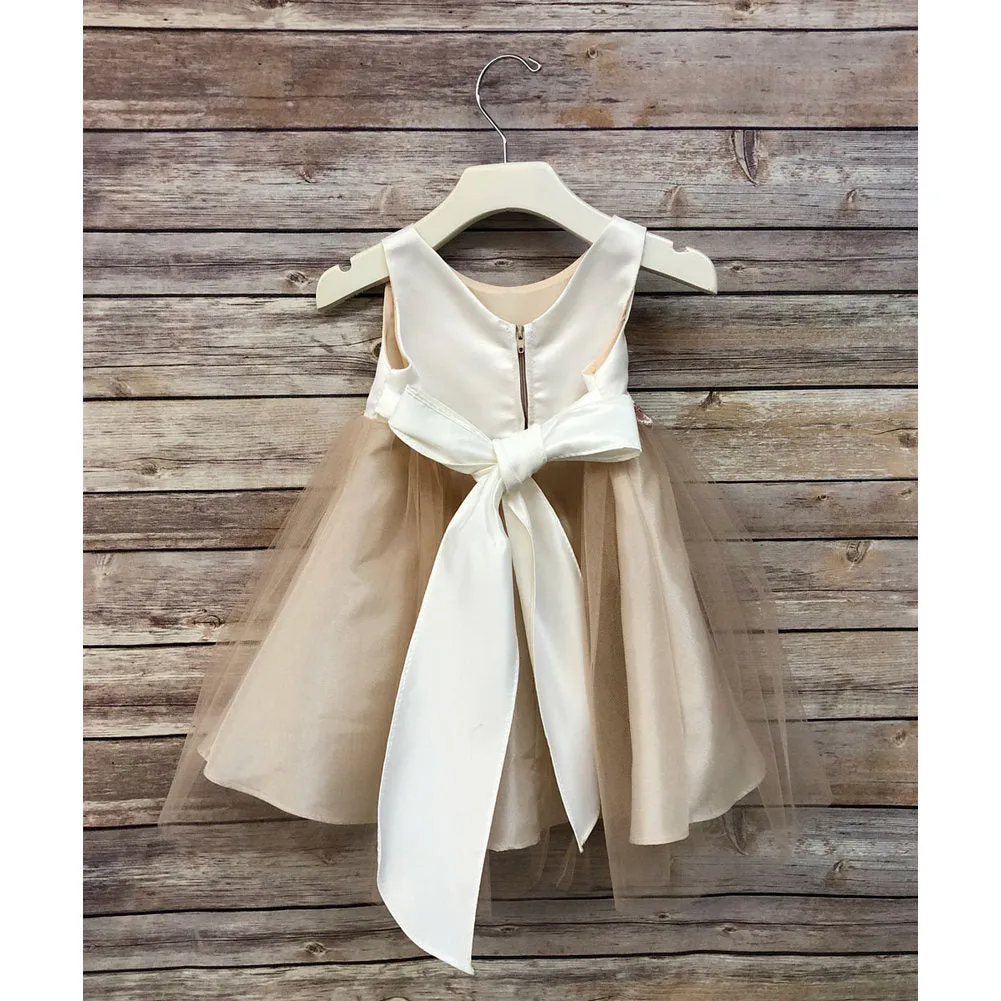 Little Girls Champagne Satin Tulle Tea Length Flower Girl Dress 2-6