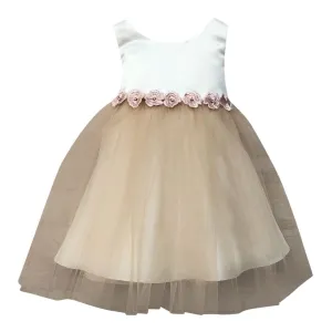 Little Girls Champagne Satin Tulle Tea Length Flower Girl Dress 2-6