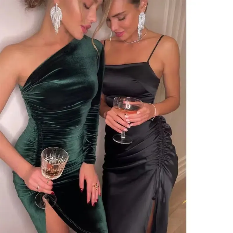Long Sleeve One Shoulder Ruched Slit Velvet Bodycon Dress