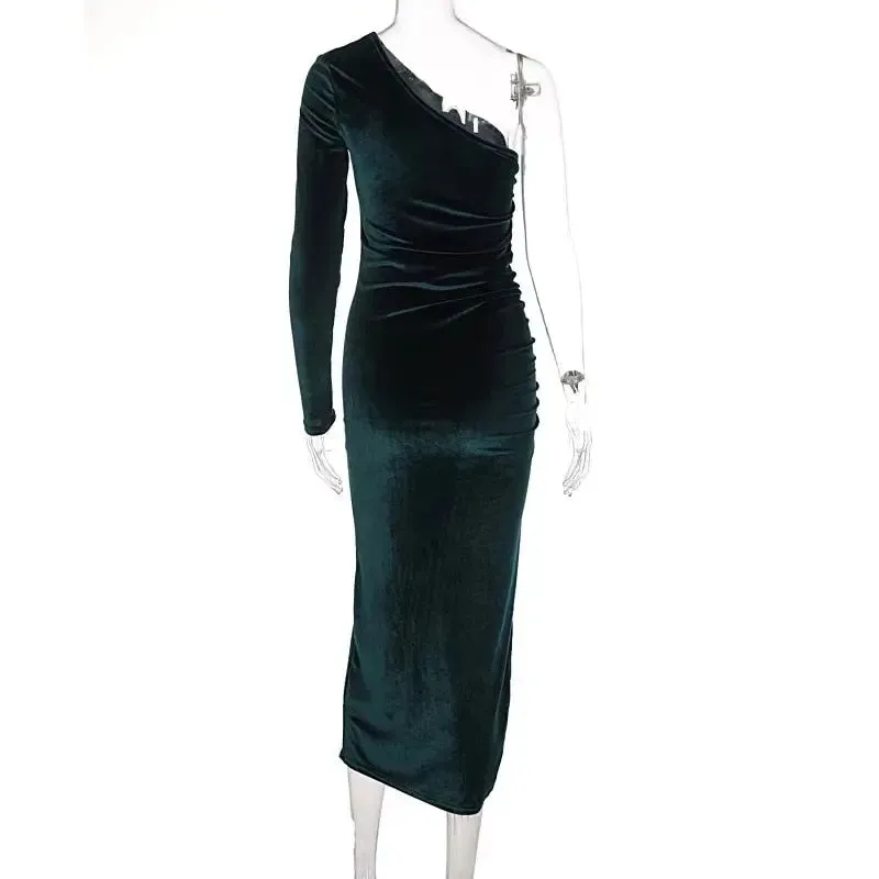 Long Sleeve One Shoulder Ruched Slit Velvet Bodycon Dress