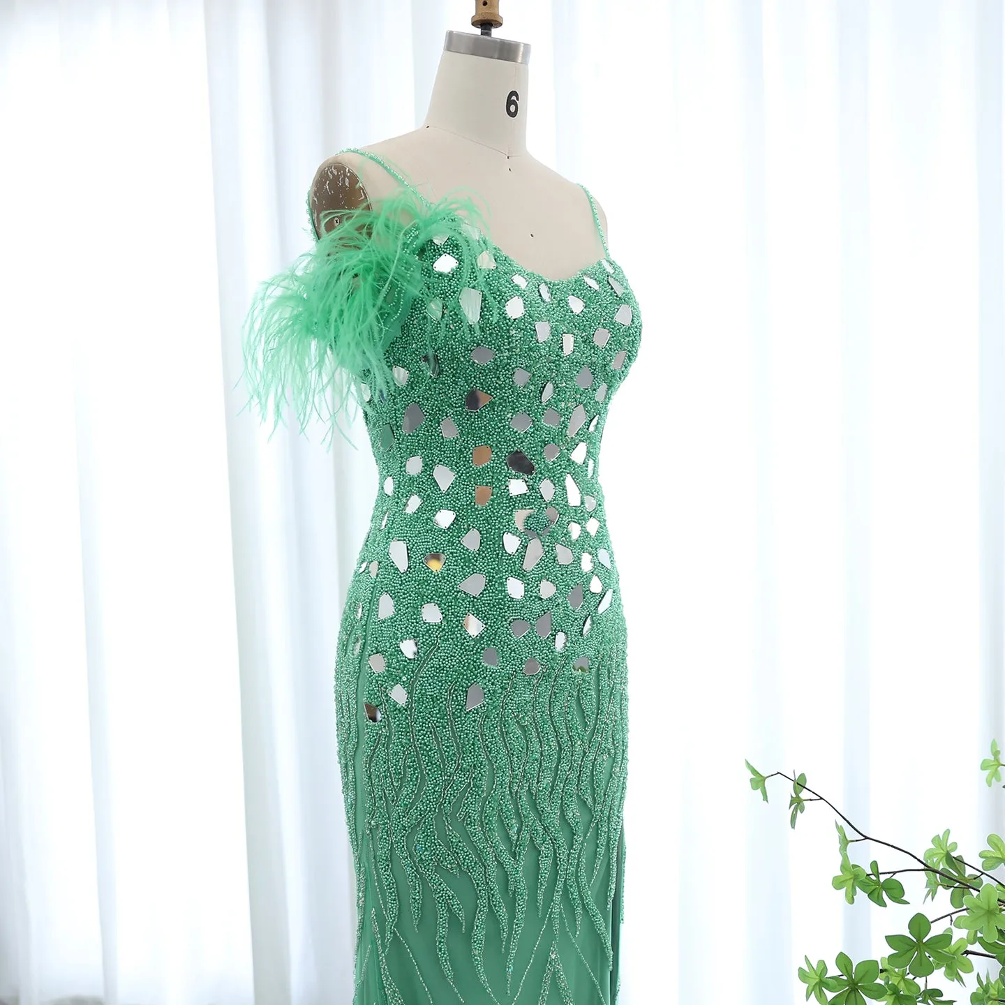 Luxury Beaded Feather Mermaid Nude Evening Dress SS165