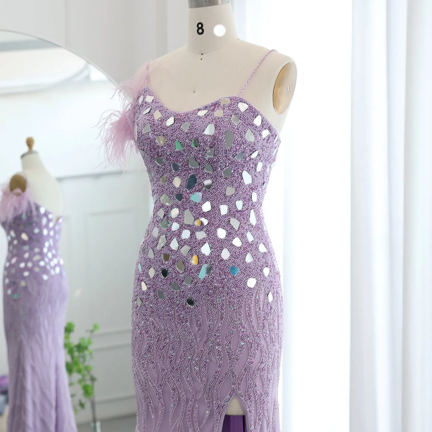 Luxury Beaded Feather Mermaid Nude Evening Dress SS165