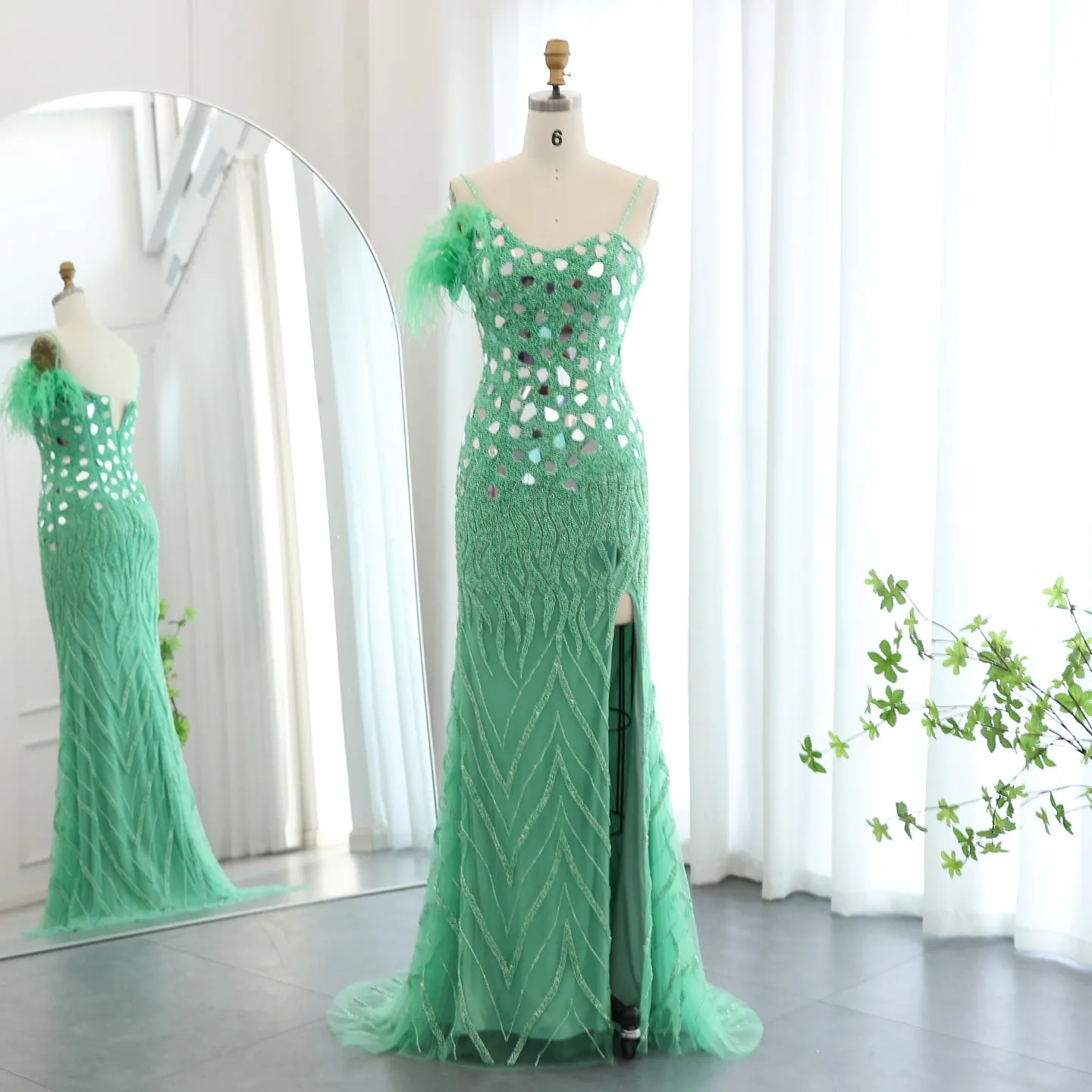 Luxury Beaded Feather Mermaid Nude Evening Dress SS165