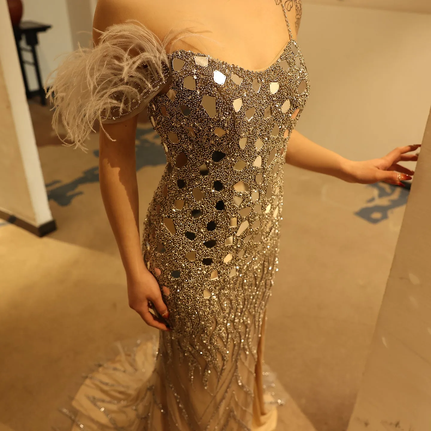 Luxury Beaded Feather Mermaid Nude Evening Dress SS165