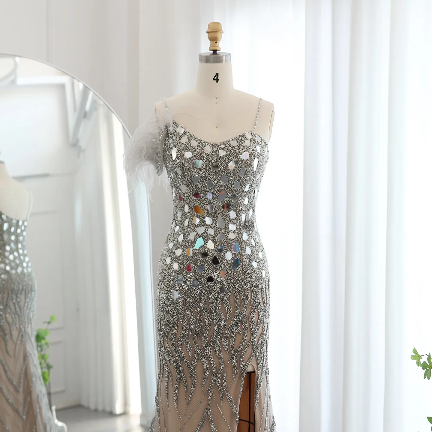 Luxury Beaded Feather Mermaid Nude Evening Dress SS165