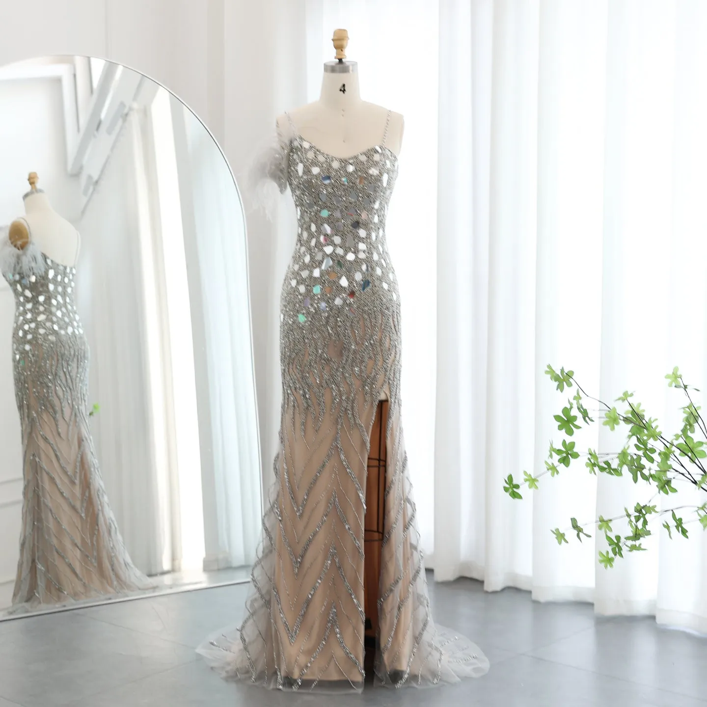 Luxury Beaded Feather Mermaid Nude Evening Dress SS165
