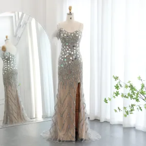 Luxury Beaded Feather Mermaid Nude Evening Dress SS165