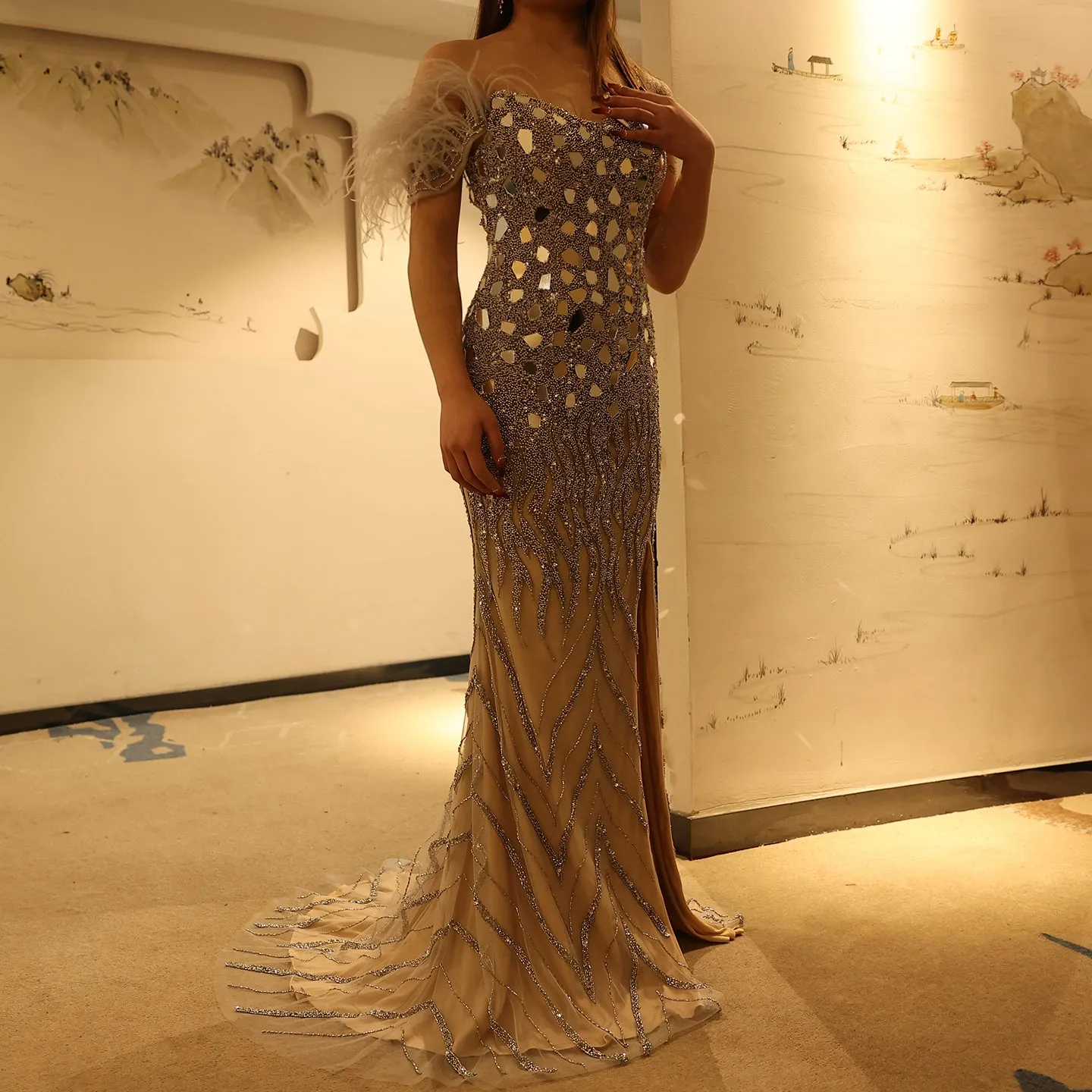 Luxury Beaded Feather Mermaid Nude Evening Dress SS165
