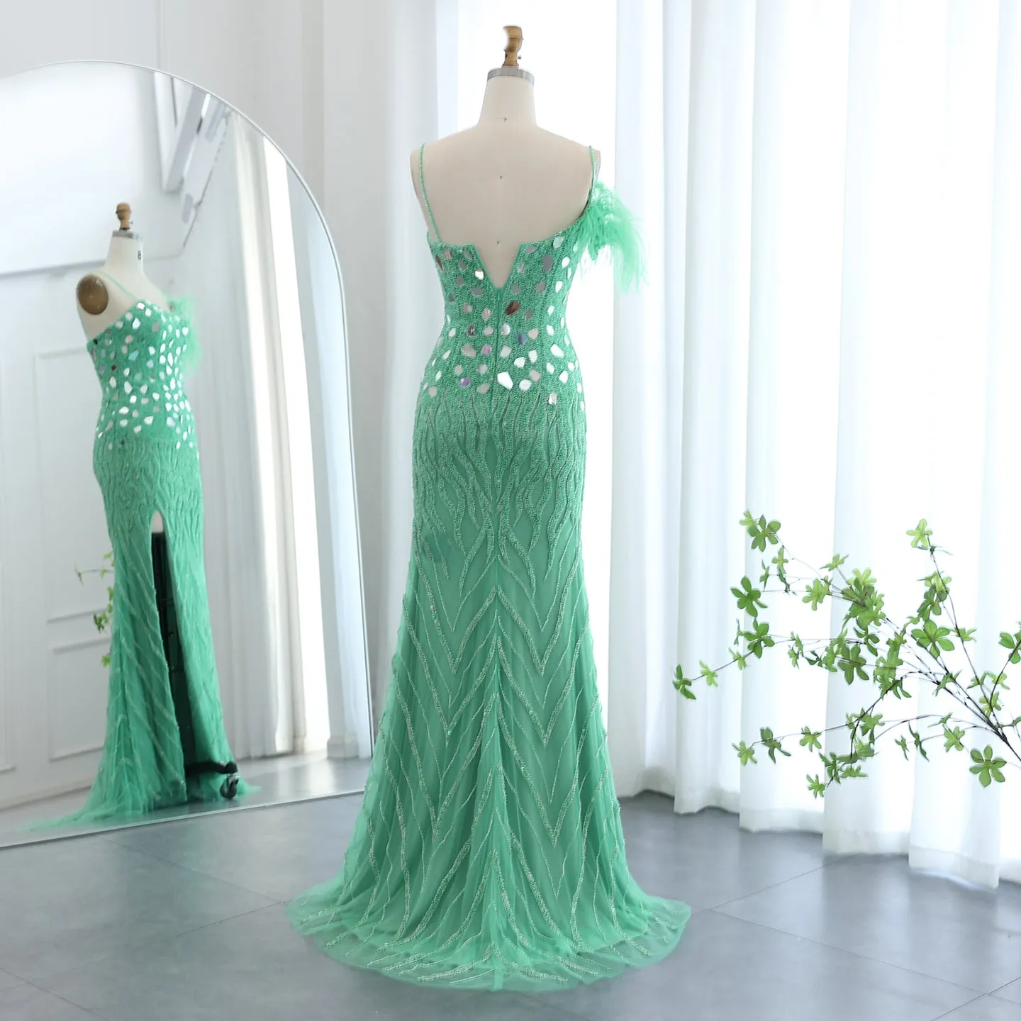 Luxury Beaded Feather Mermaid Nude Evening Dress SS165