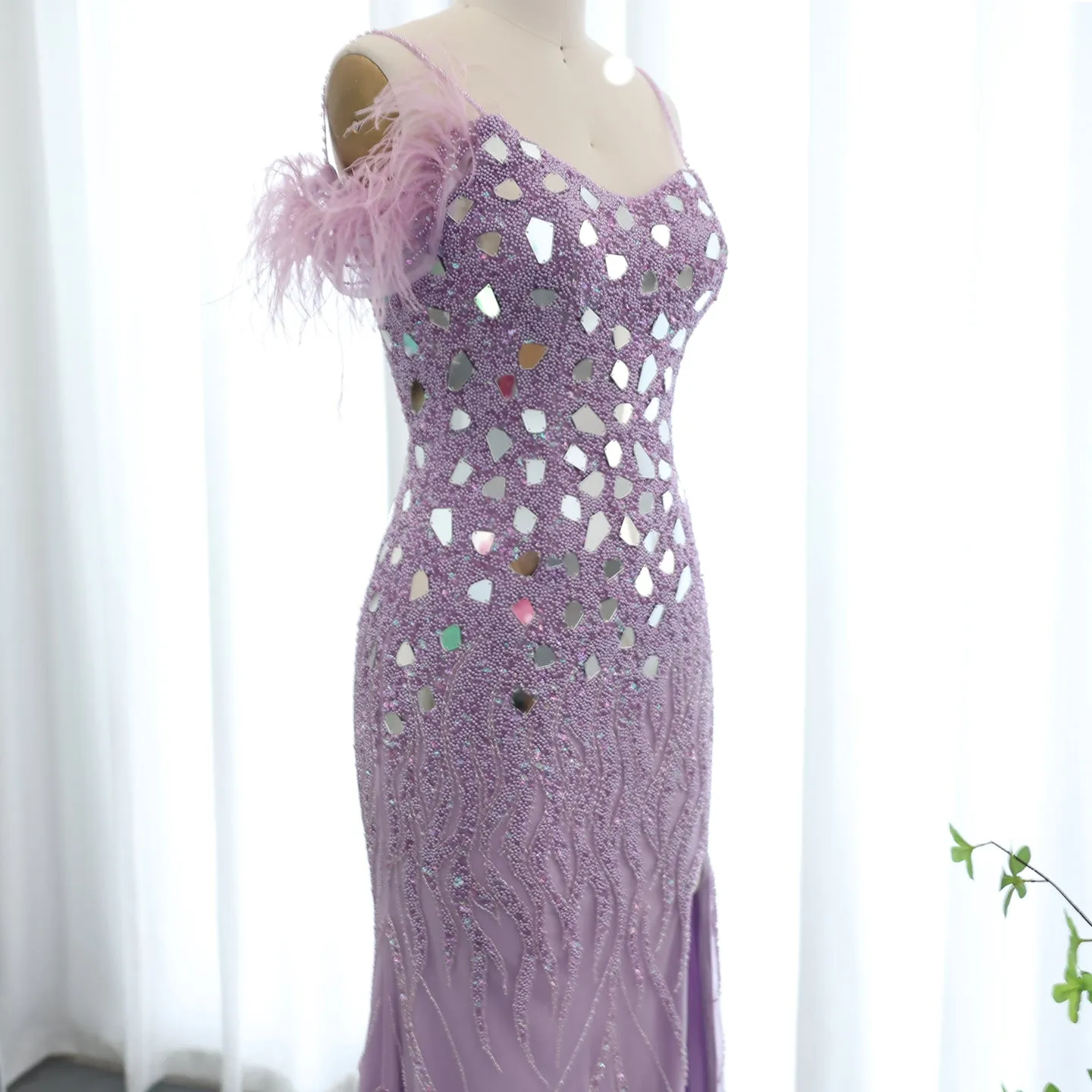 Luxury Beaded Feather Mermaid Nude Evening Dress SS165