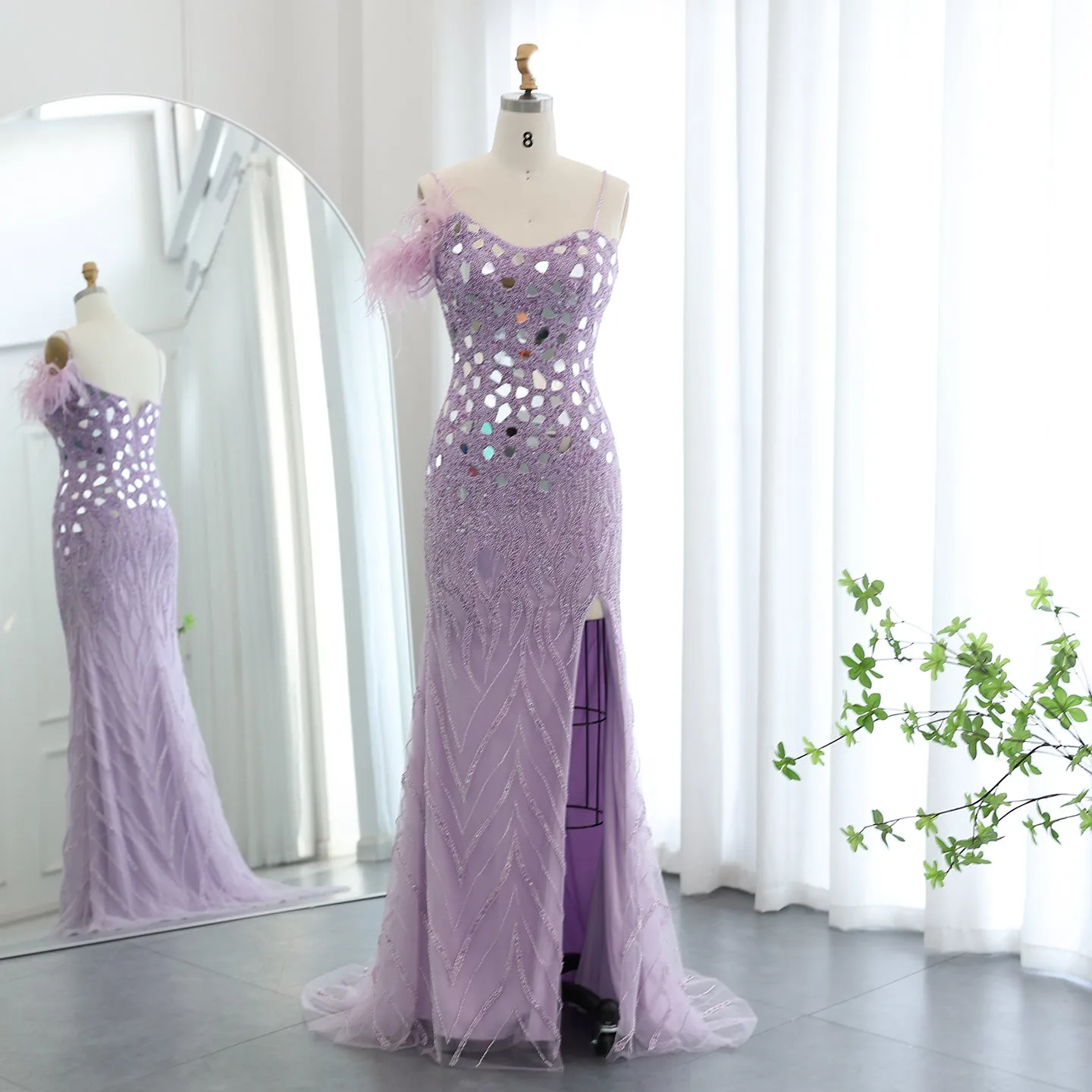 Luxury Beaded Feather Mermaid Nude Evening Dress SS165
