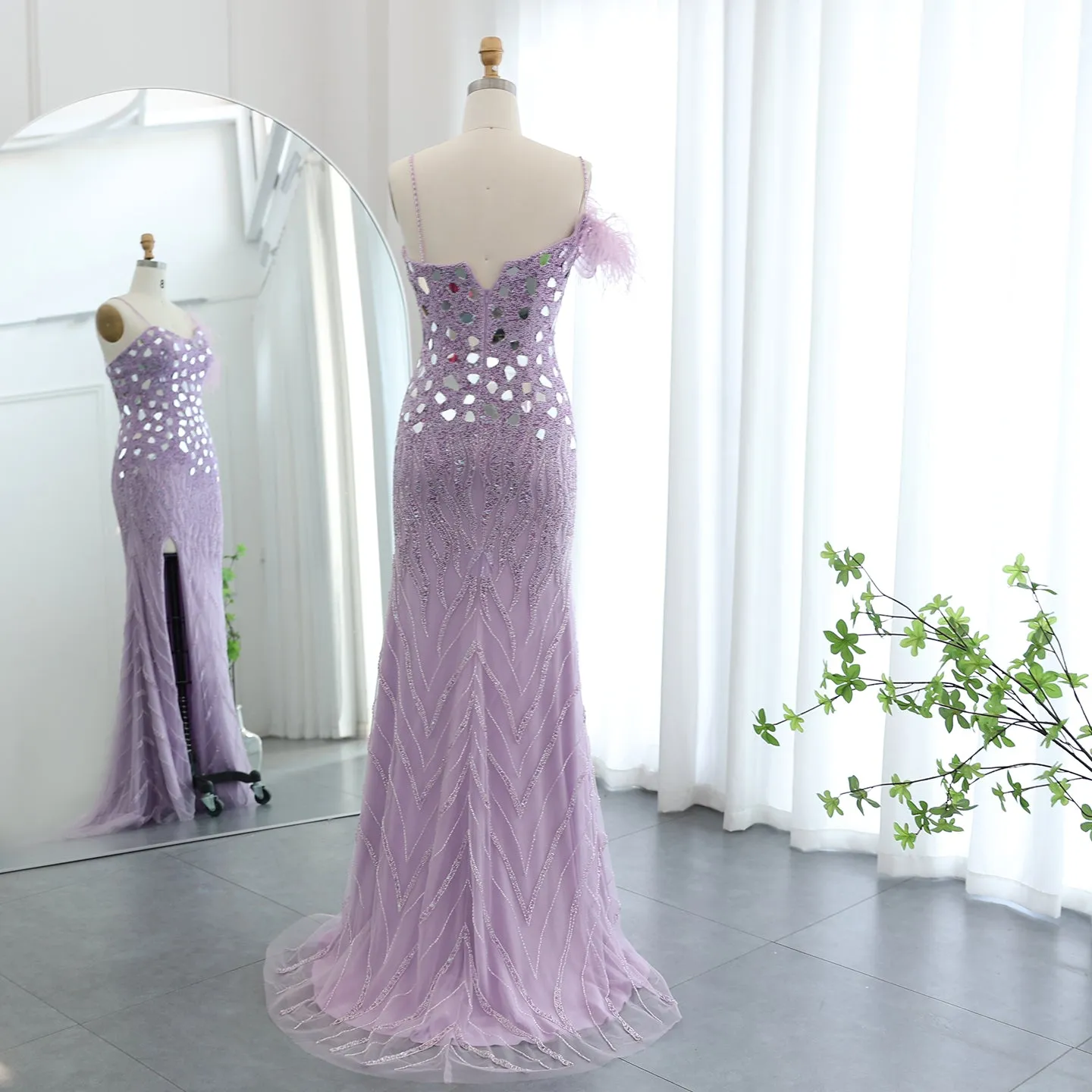 Luxury Beaded Feather Mermaid Nude Evening Dress SS165