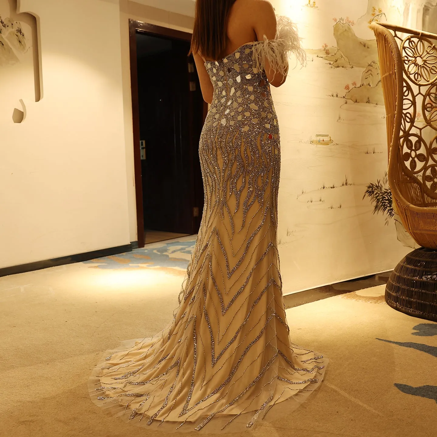 Luxury Beaded Feather Mermaid Nude Evening Dress SS165