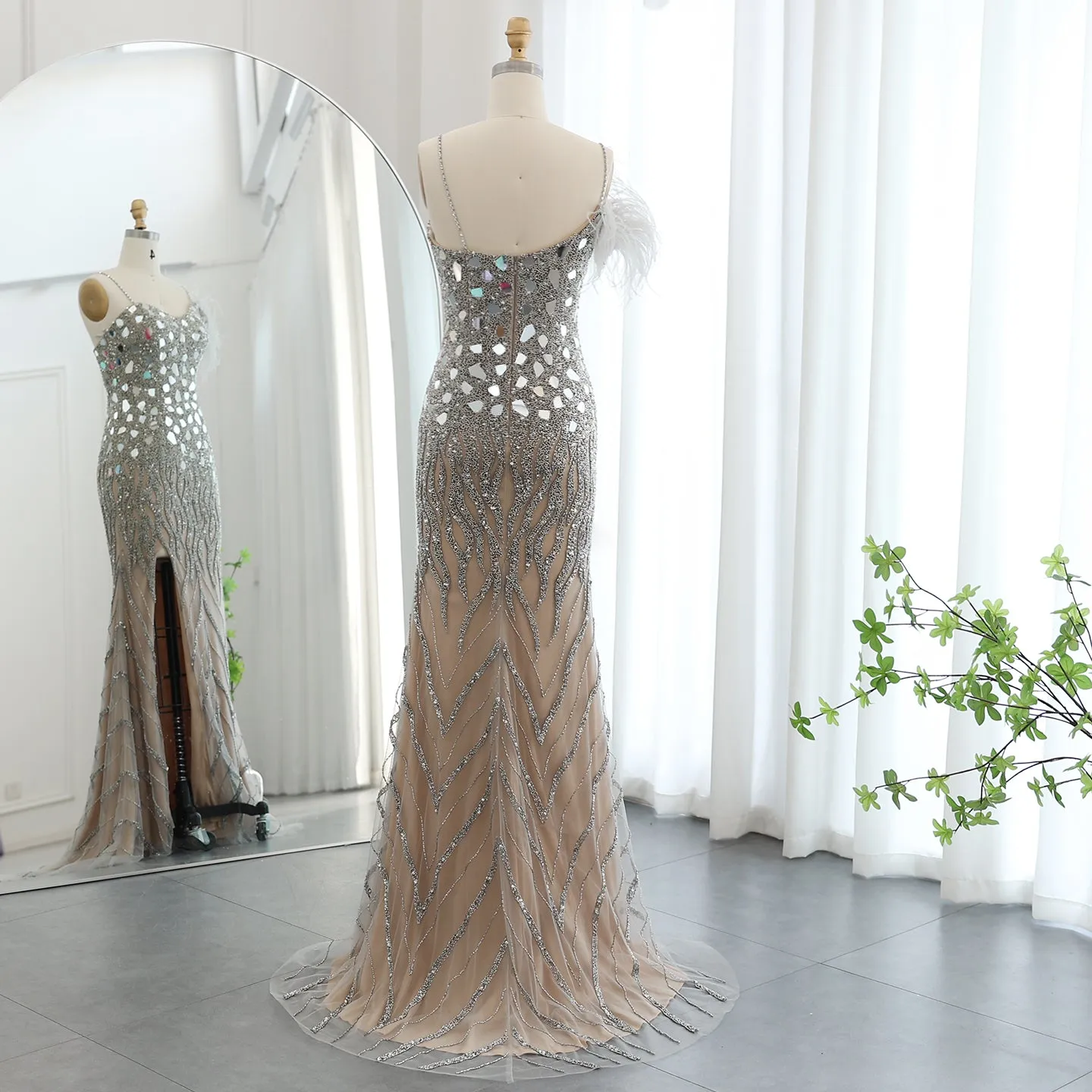 Luxury Beaded Feather Mermaid Nude Evening Dress SS165
