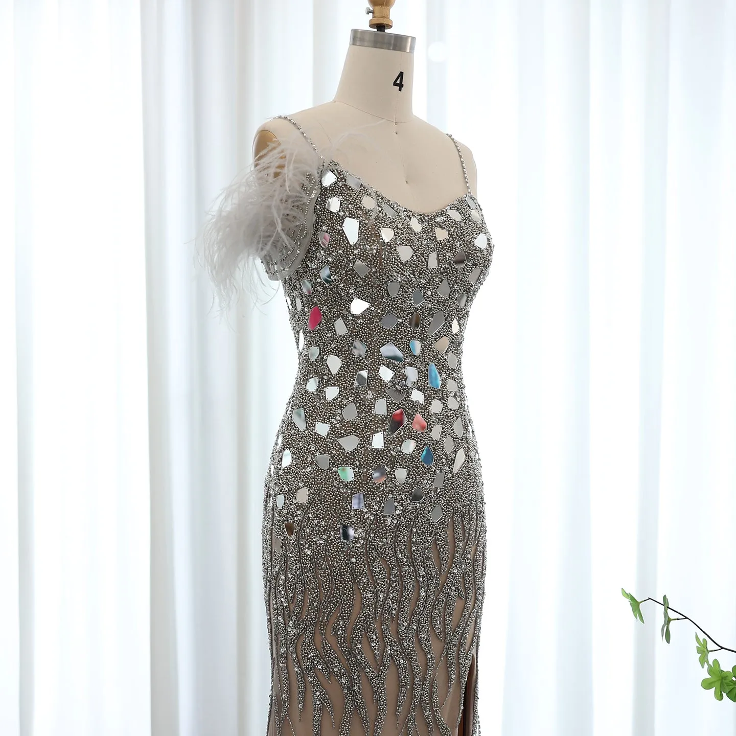Luxury Beaded Feather Mermaid Nude Evening Dress SS165