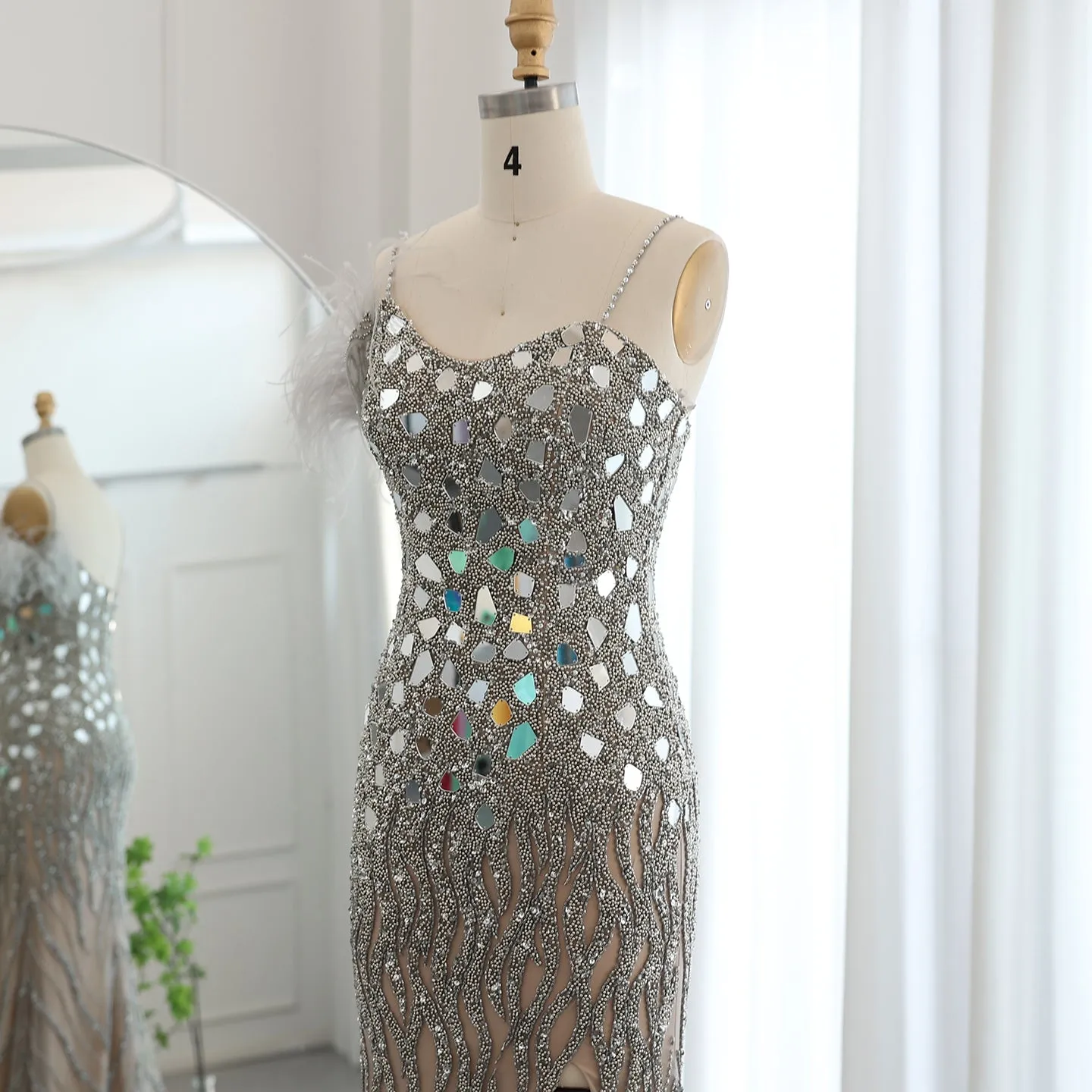 Luxury Beaded Feather Mermaid Nude Evening Dress SS165