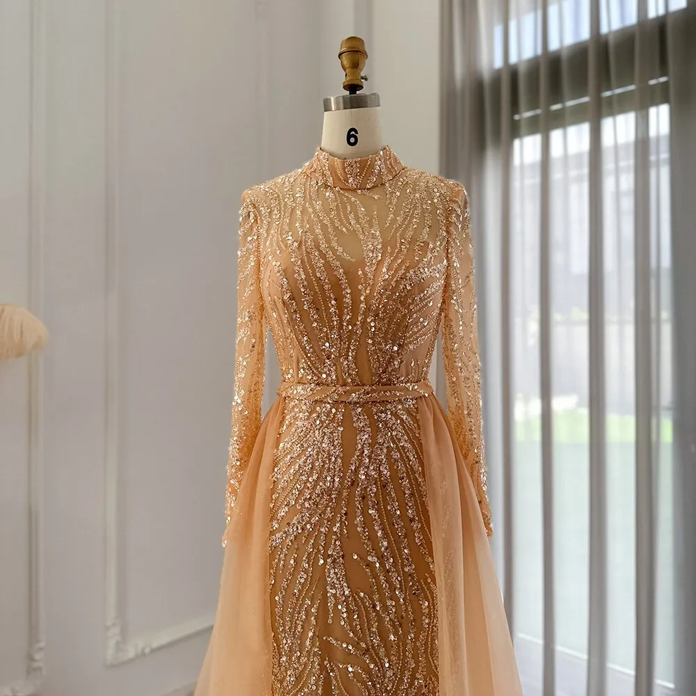Luxury Gold Long Sleeves Mermaid Evening Dress with Overskirt SS271