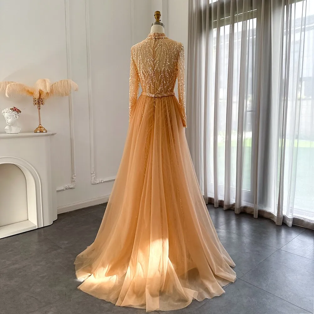 Luxury Gold Long Sleeves Mermaid Evening Dress with Overskirt SS271