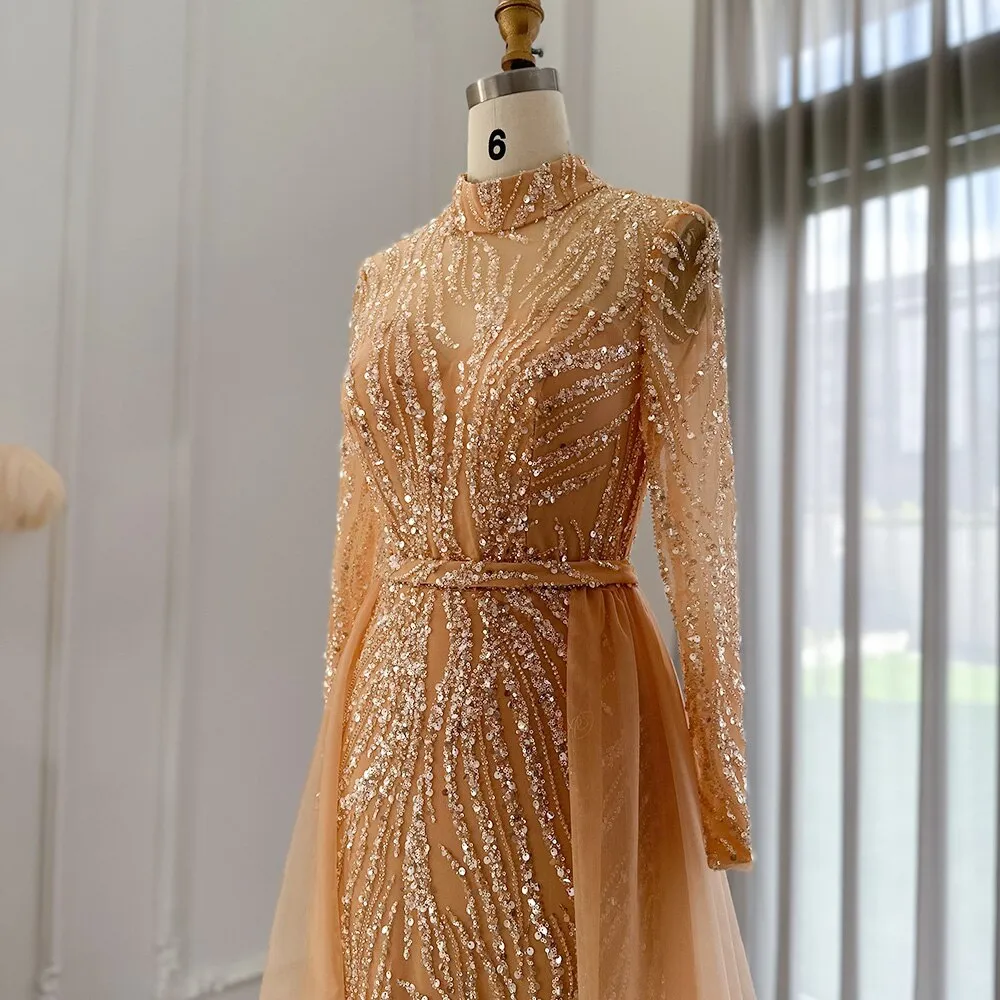 Luxury Gold Long Sleeves Mermaid Evening Dress with Overskirt SS271