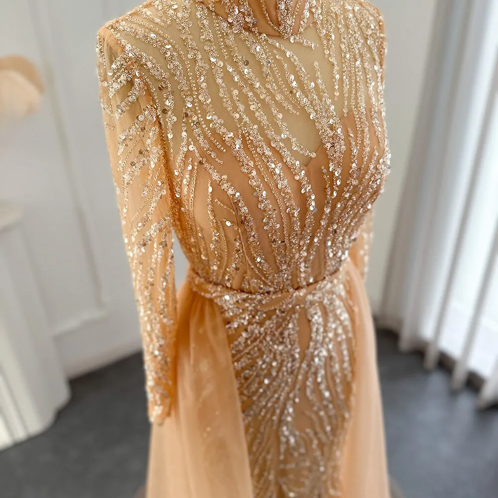 Luxury Gold Long Sleeves Mermaid Evening Dress with Overskirt SS271