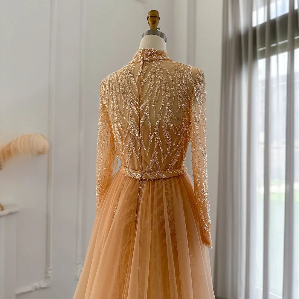 Luxury Gold Long Sleeves Mermaid Evening Dress with Overskirt SS271