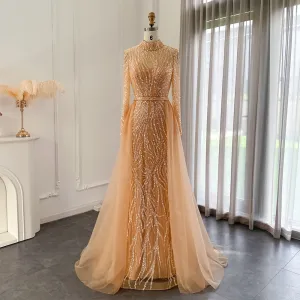 Luxury Gold Long Sleeves Mermaid Evening Dress with Overskirt SS271