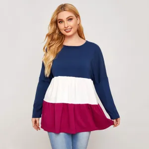 New Loose-Fit Long Sleeve Plus Size Contrast In Color Blouse for Woman