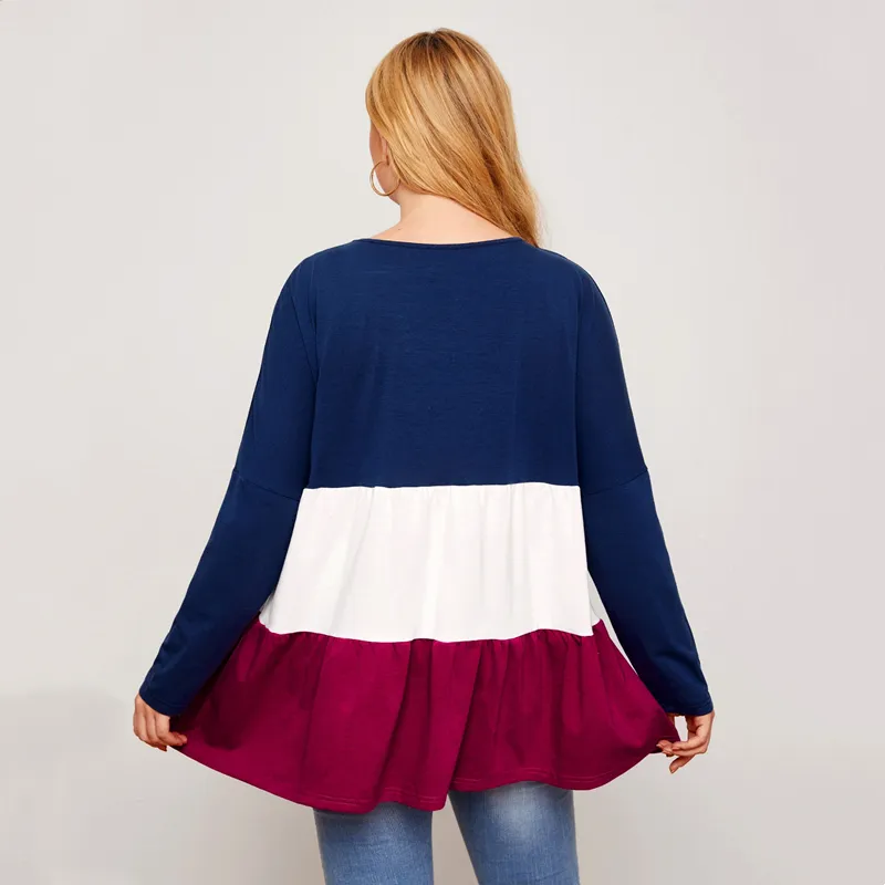 New Loose-Fit Long Sleeve Plus Size Contrast In Color Blouse for Woman