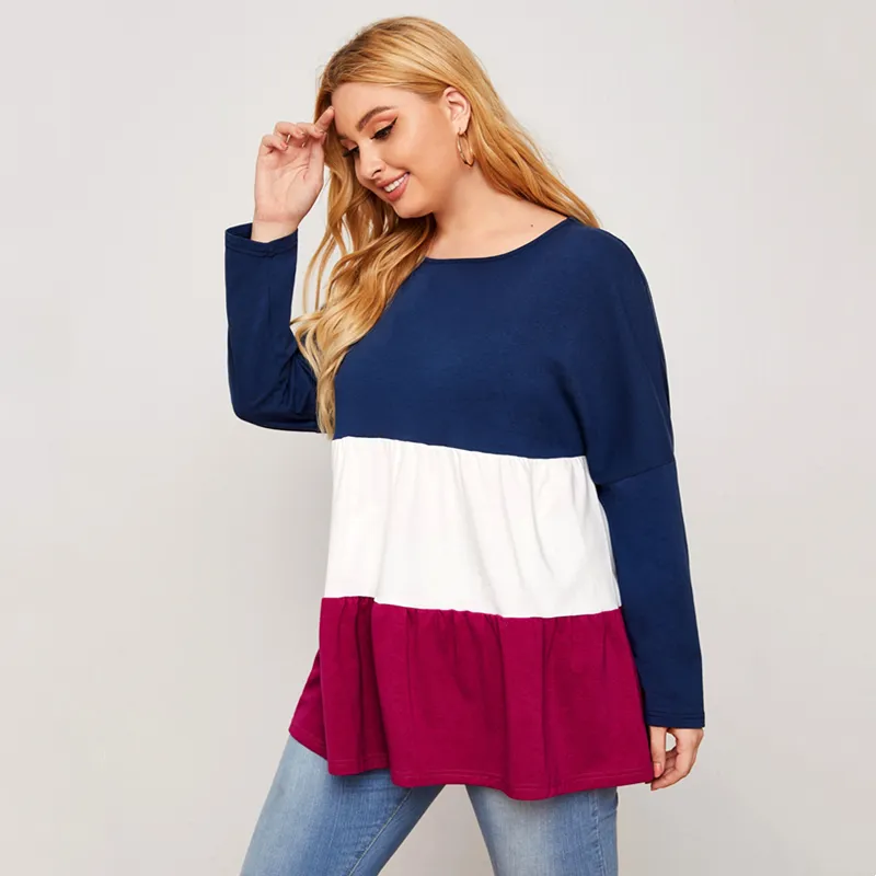 New Loose-Fit Long Sleeve Plus Size Contrast In Color Blouse for Woman