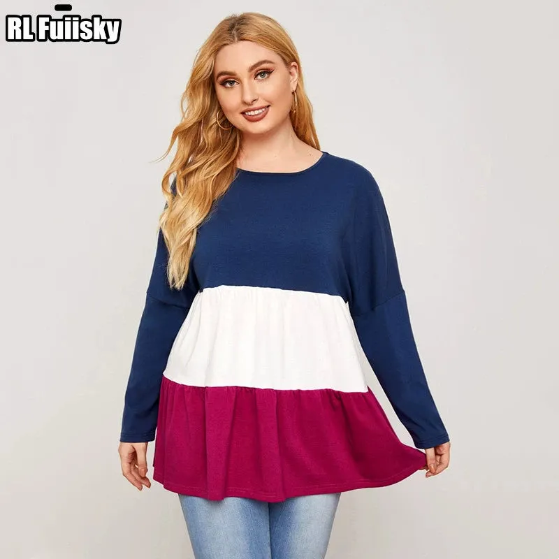 New Loose-Fit Long Sleeve Plus Size Contrast In Color Blouse for Woman