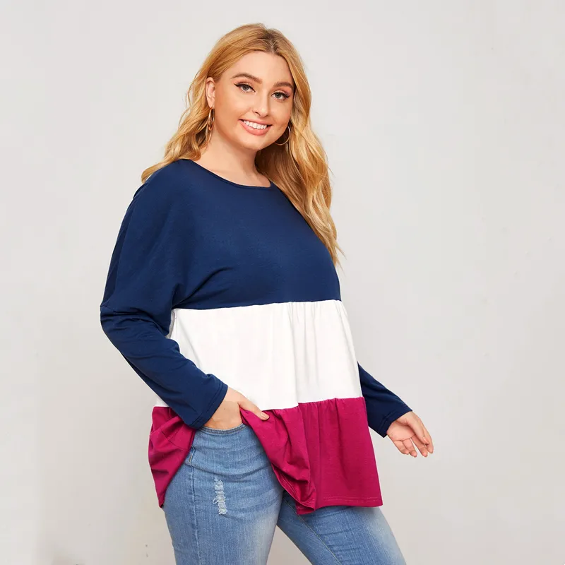 New Loose-Fit Long Sleeve Plus Size Contrast In Color Blouse for Woman