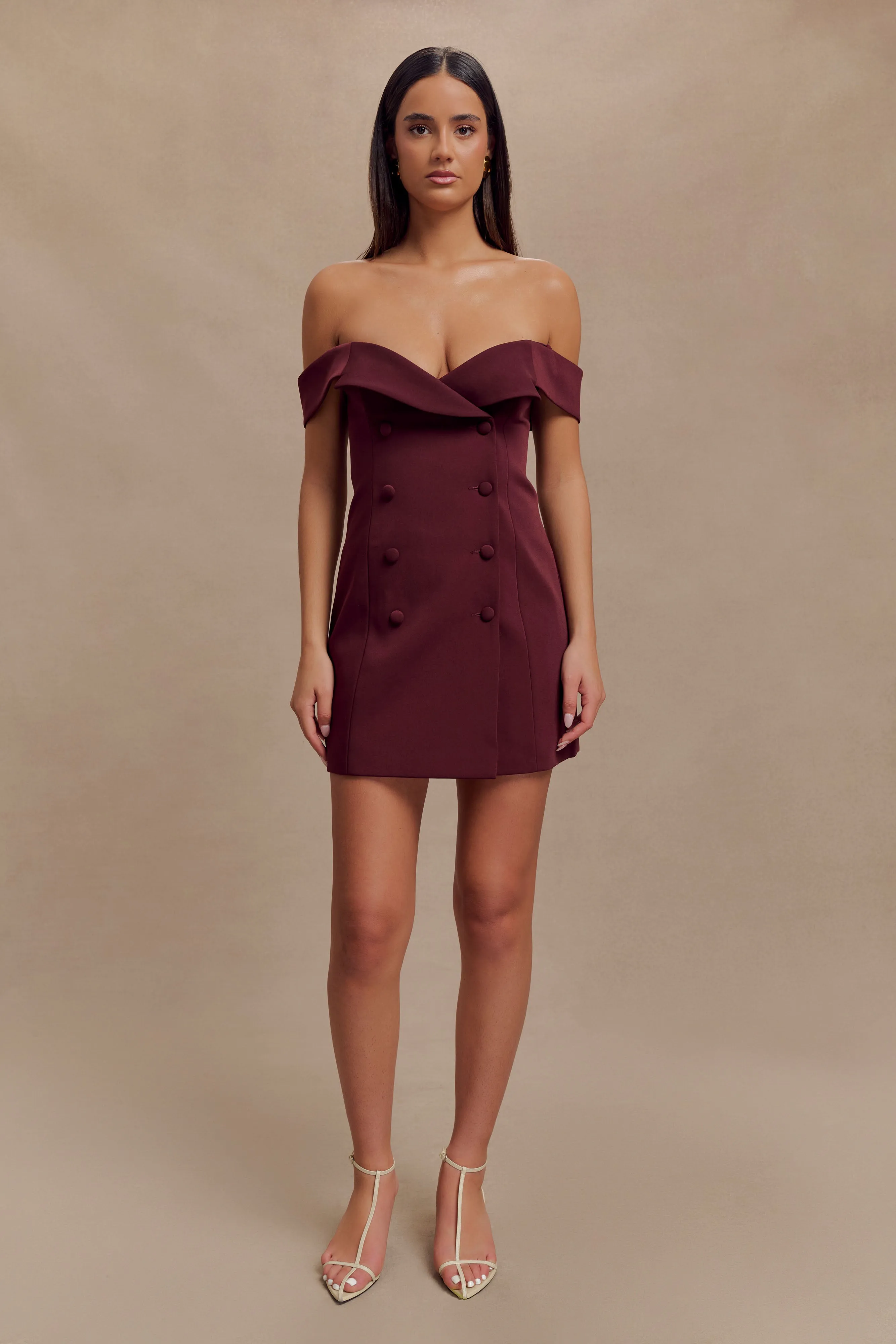Noelle Off Shoulder Suiting Mini Dress - Mahogany