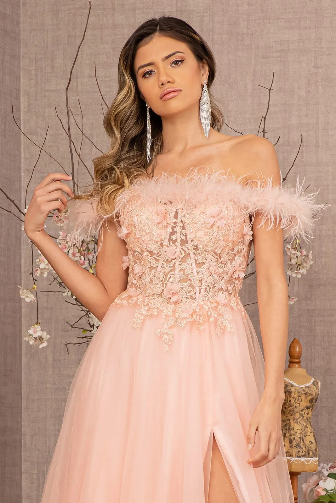 Off Shoulder Feather A-line Gown by GLS Gloria GL3138