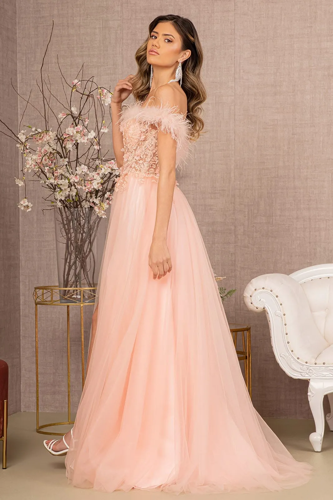 Off Shoulder Feather A-line Gown by GLS Gloria GL3138