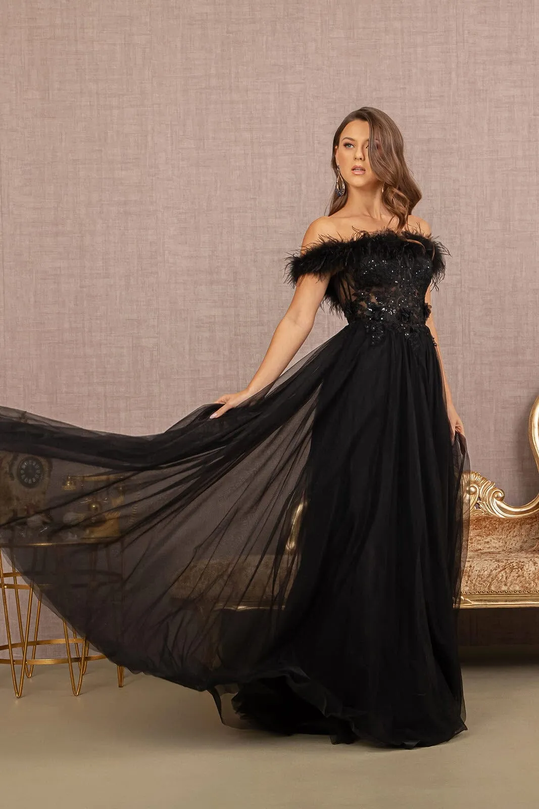 Off Shoulder Feather A-line Gown by GLS Gloria GL3138