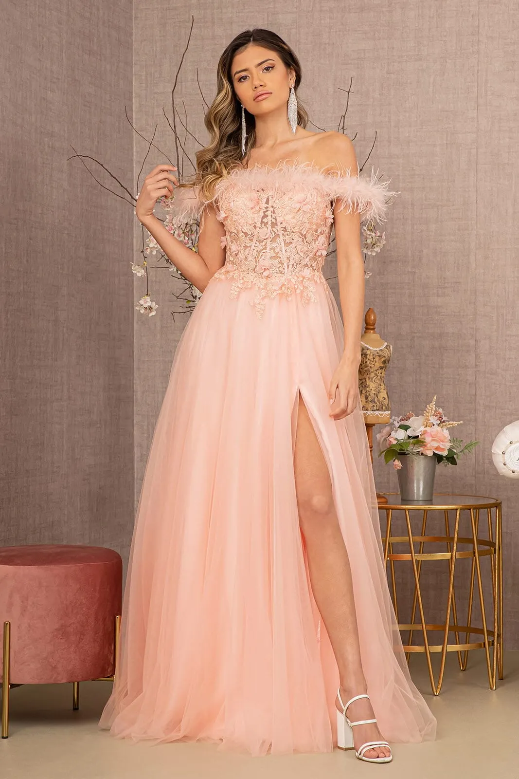 Off Shoulder Feather A-line Gown by GLS Gloria GL3138