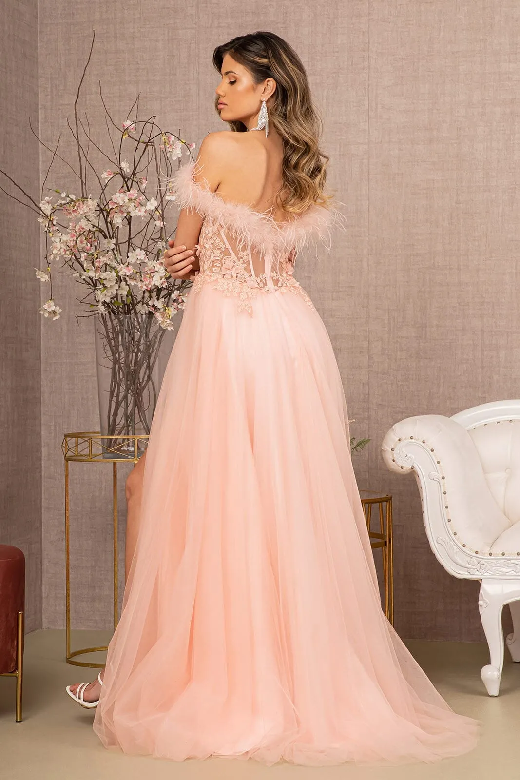 Off Shoulder Feather A-line Gown by GLS Gloria GL3138