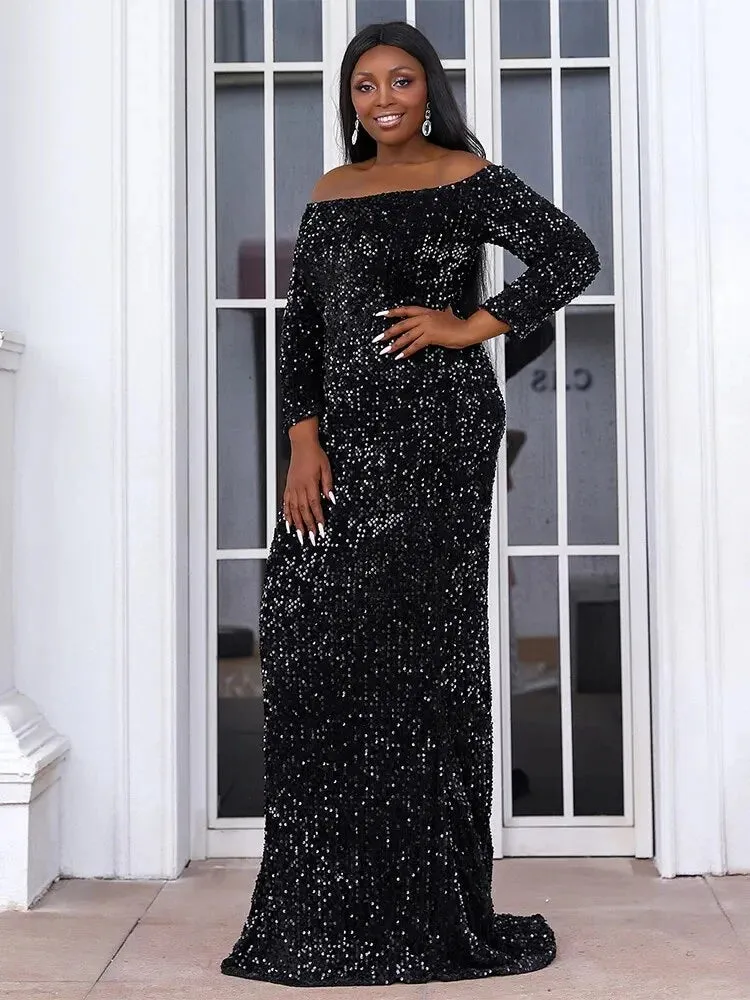 Off Shoulder Sequin Long Sleeves Backless Mermaid Maxi Dress