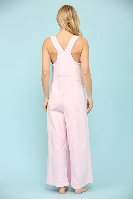 Pink Cotton Sleeveless Detail Line Wide Jumpsuit