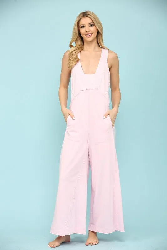 Pink Cotton Sleeveless Detail Line Wide Jumpsuit
