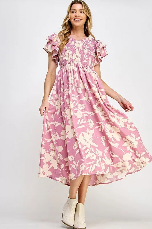 PINK FLORAL V NECK MIDI DRESS