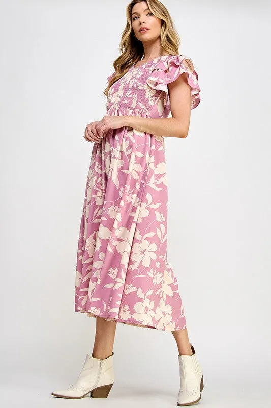 PINK FLORAL V NECK MIDI DRESS