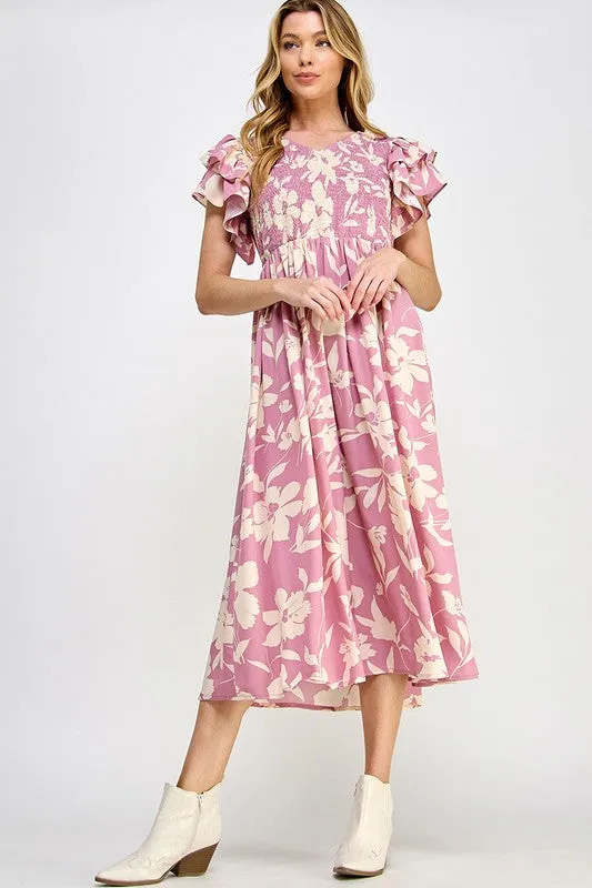 PINK FLORAL V NECK MIDI DRESS