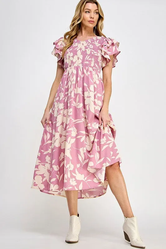PINK FLORAL V NECK MIDI DRESS