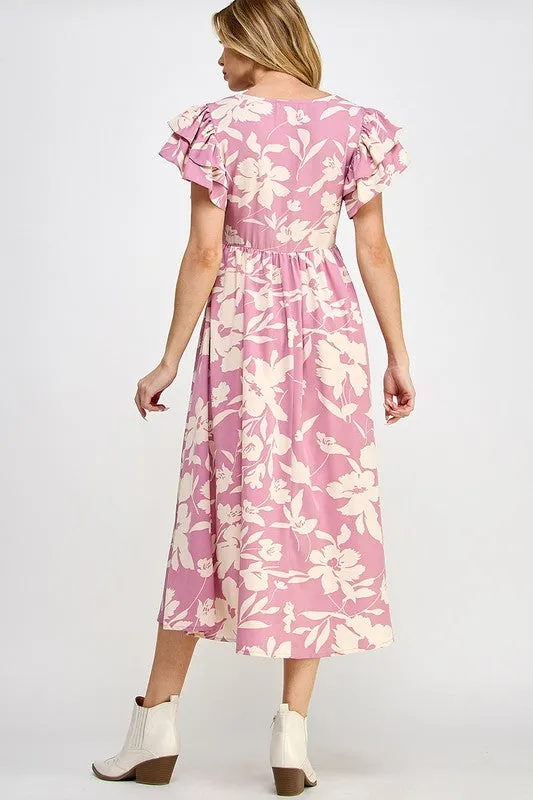 PINK FLORAL V NECK MIDI DRESS