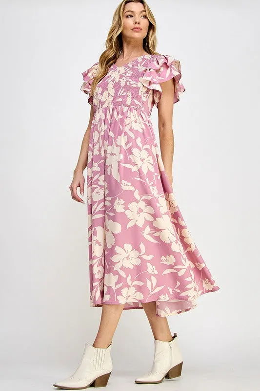 PINK FLORAL V NECK MIDI DRESS