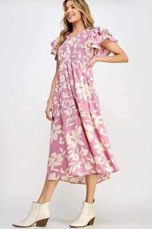 PINK FLORAL V NECK MIDI DRESS