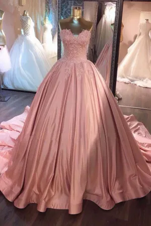 Pink Sweetheart Lace Long Ball Gown Prom Dress,sweet 16 dress PFP0942